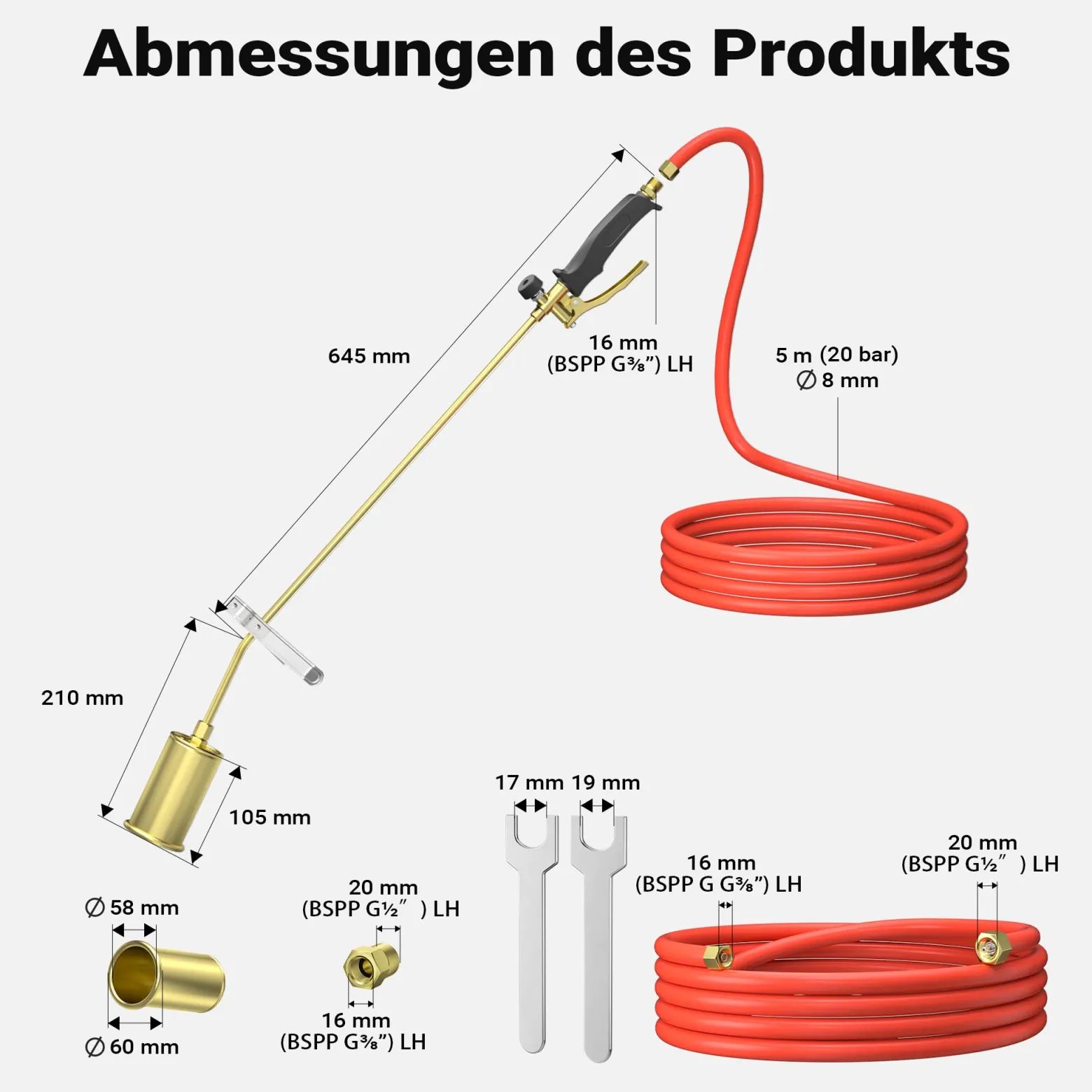 Wiltec Unkrautbrenner bis 1850°C Gasbrenner mit 80kW, Abflammgerät für Unkraut, 85 cm Unkrautvernichter, Dachbrenner mit 5 m Schlauch