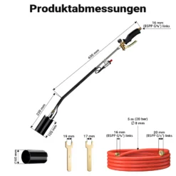 Wiltec Unkrautbrenner mit Piezo Zünder bis 1850°C Gasbrenner mit 120 kW, Abflammgerät für Unkraut, Dachbrenner mit 5 m Schlauch