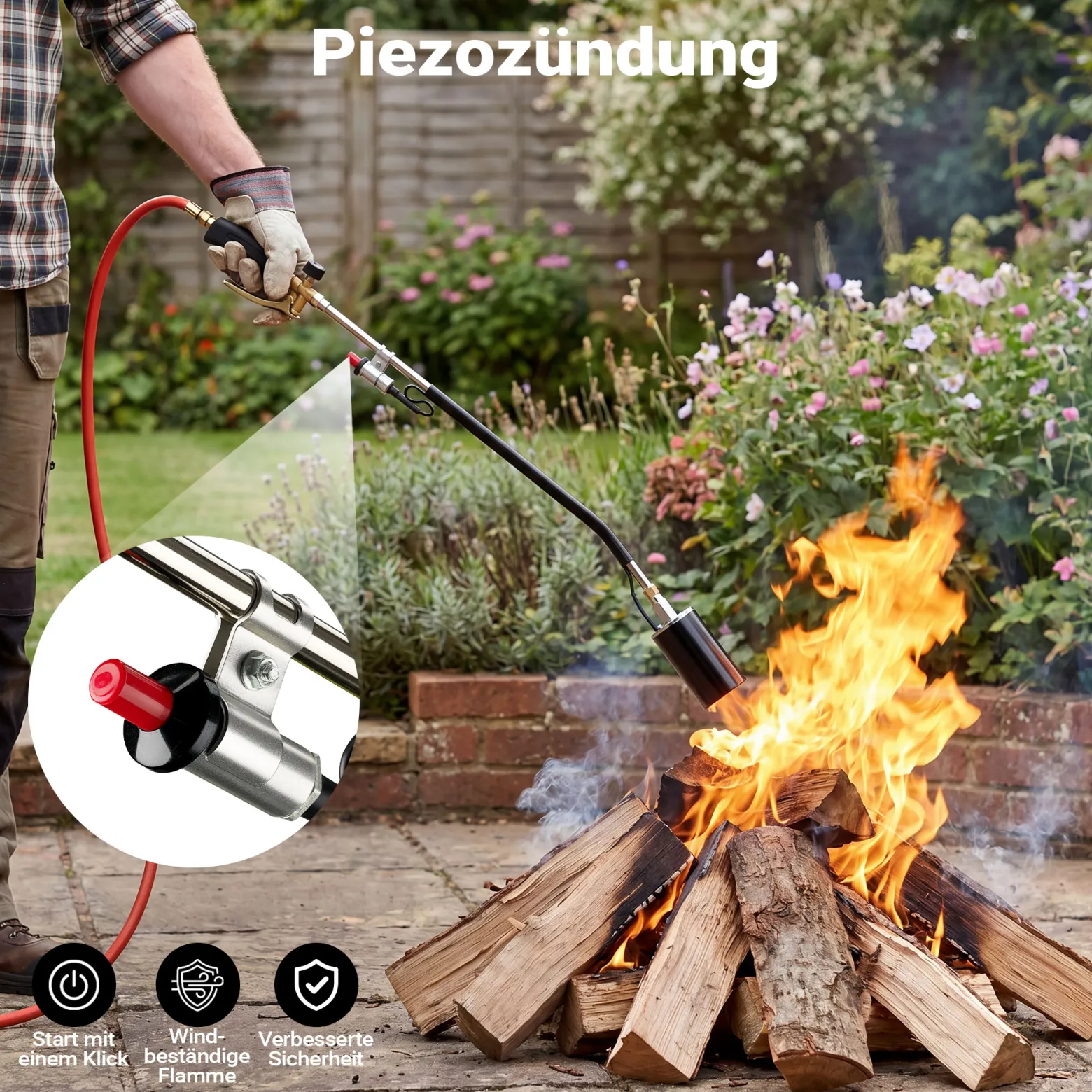 Wiltec Unkrautbrenner mit Piezo Zünder bis 1850°C Gasbrenner mit 120 kW, Abflammgerät für Unkraut, Dachbrenner mit 5 m Schlauch