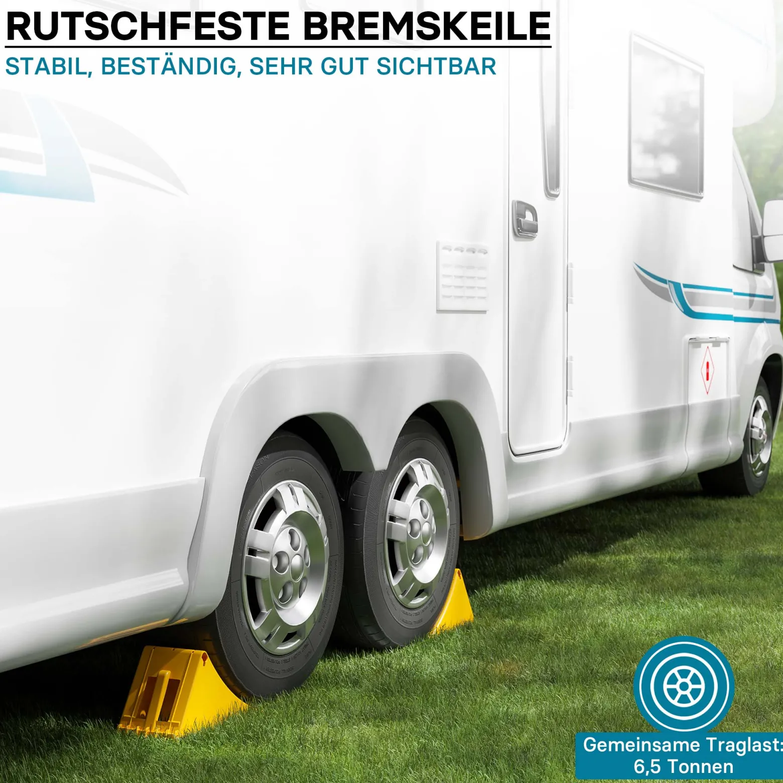 Wiltec Unterlegkeile Anhänger 2 Stück bis 6,5t Unterlegkeile LKW 470x200x230mm für Reifen bis 200mm Breite, mit Stahlzähnen und Handgriff