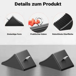 Wiltec Unterlegkeile 4er Set 205 x 125 x 100 mm aus Gummi, Bremskeil mit Ringschraube, Gummikeil für Anhänger, Wohnmobil, Pkw und Boot