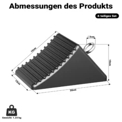 Wiltec Unterlegkeile 4er Set 205 x 125 x 100 mm aus Gummi, Bremskeil mit Ringschraube, Gummikeil für Anhänger, Wohnmobil, Pkw und Boot