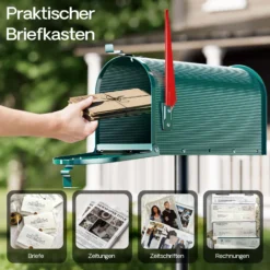 Wiltec US Mailbox grün 150 x 513 x 223 mm, amerikanischer Briefkasten mit Fahne, Wandbriefkasten oder Standbriefkasten Stahl amerikanisches Design