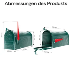Wiltec US Mailbox grün 150 x 513 x 223 mm, amerikanischer Briefkasten mit Fahne, Wandbriefkasten oder Standbriefkasten Stahl amerikanisches Design