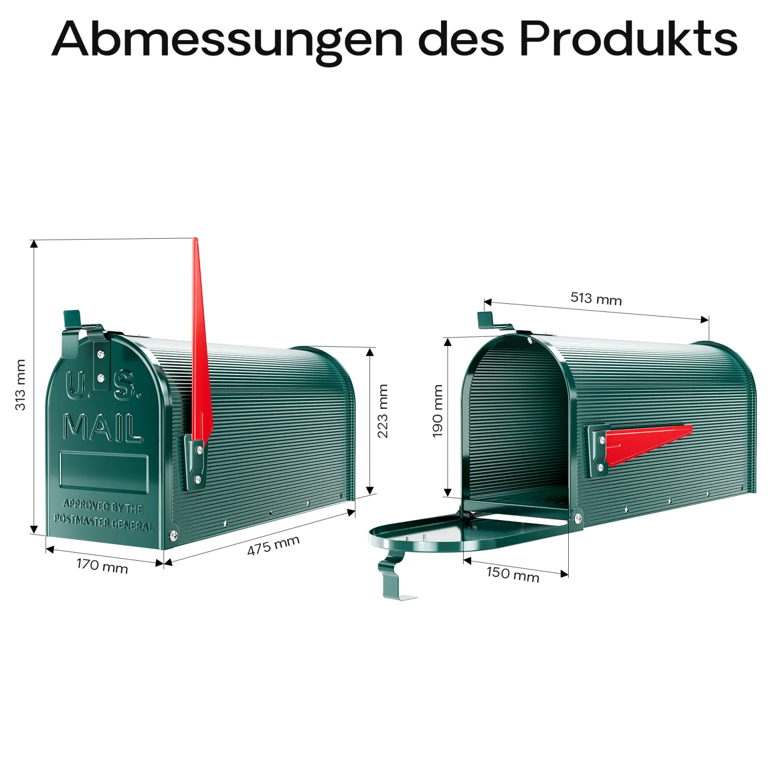 Wiltec US Mailbox grün 150 x 513 x 223 mm, amerikanischer Briefkasten mit Fahne, Wandbriefkasten oder Standbriefkasten Stahl amerikanisches Design