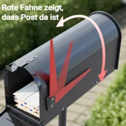 Wiltec US Mailbox schwarz 150 x 513 x 223 mm, amerikanischer Briefkasten mit Fahne, Wandbriefkasten oder Standbriefkasten Stahl amerikanisches Design
