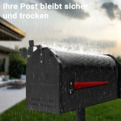 Wiltec US Mailbox schwarz 150 x 513 x 223 mm, amerikanischer Briefkasten mit Fahne, Wandbriefkasten oder Standbriefkasten Stahl amerikanisches Design