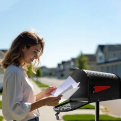 Wiltec US Mailbox schwarz 150 x 513 x 223 mm, amerikanischer Briefkasten mit Fahne, Wandbriefkasten oder Standbriefkasten Stahl amerikanisches Design