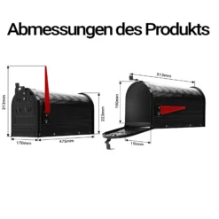 Wiltec US Mailbox schwarz 150 x 513 x 223 mm, amerikanischer Briefkasten mit Fahne, Wandbriefkasten oder Standbriefkasten Stahl amerikanisches Design