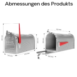 Wiltec US Mailbox silbergrau 150 x 513 x 223 mm, amerikanischer Briefkasten mit Fahne, Wandbriefkasten oder Standbriefkasten Stahl amerikanisches Design