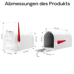 Wiltec US Mailbox weiß 150 x 513 x 223 mm, amerikanischer Briefkasten mit Fahne, Wandbriefkasten oder Standbriefkasten Stahl amerikanisches Design