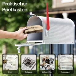 Wiltec US Mailbox weiß 150 x 513 x 223 mm, amerikanischer Briefkasten mit Fahne, Wandbriefkasten oder Standbriefkasten Stahl amerikanisches Design