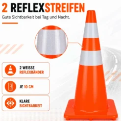 Wiltec Verkehrskegel aus PVC 70 cm, orangener Leitkegel zum Absichern, Pylon mit Reflexbändern