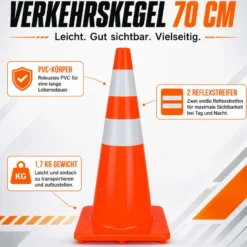 Wiltec Verkehrskegel aus PVC 70 cm, orangener Leitkegel zum Absichern, Pylon mit Reflexbändern