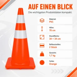 Wiltec Verkehrskegel aus PVC 70 cm, orangener Leitkegel zum Absichern, Pylon mit Reflexbändern