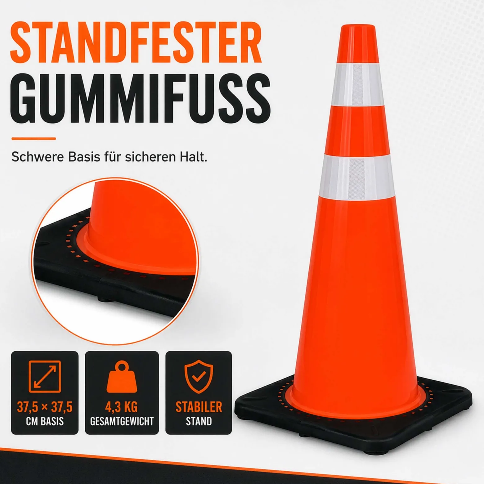 Wiltec Verkehrskegel 90 cm aus PVC mit Gummisockel, orangener Leitkegel zum Absichern, Pylon mit Reflexbändern