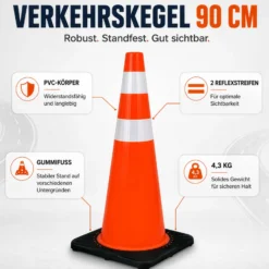Wiltec Verkehrskegel 90 cm aus PVC mit Gummisockel, orangener Leitkegel zum Absichern, Pylon mit Reflexbändern