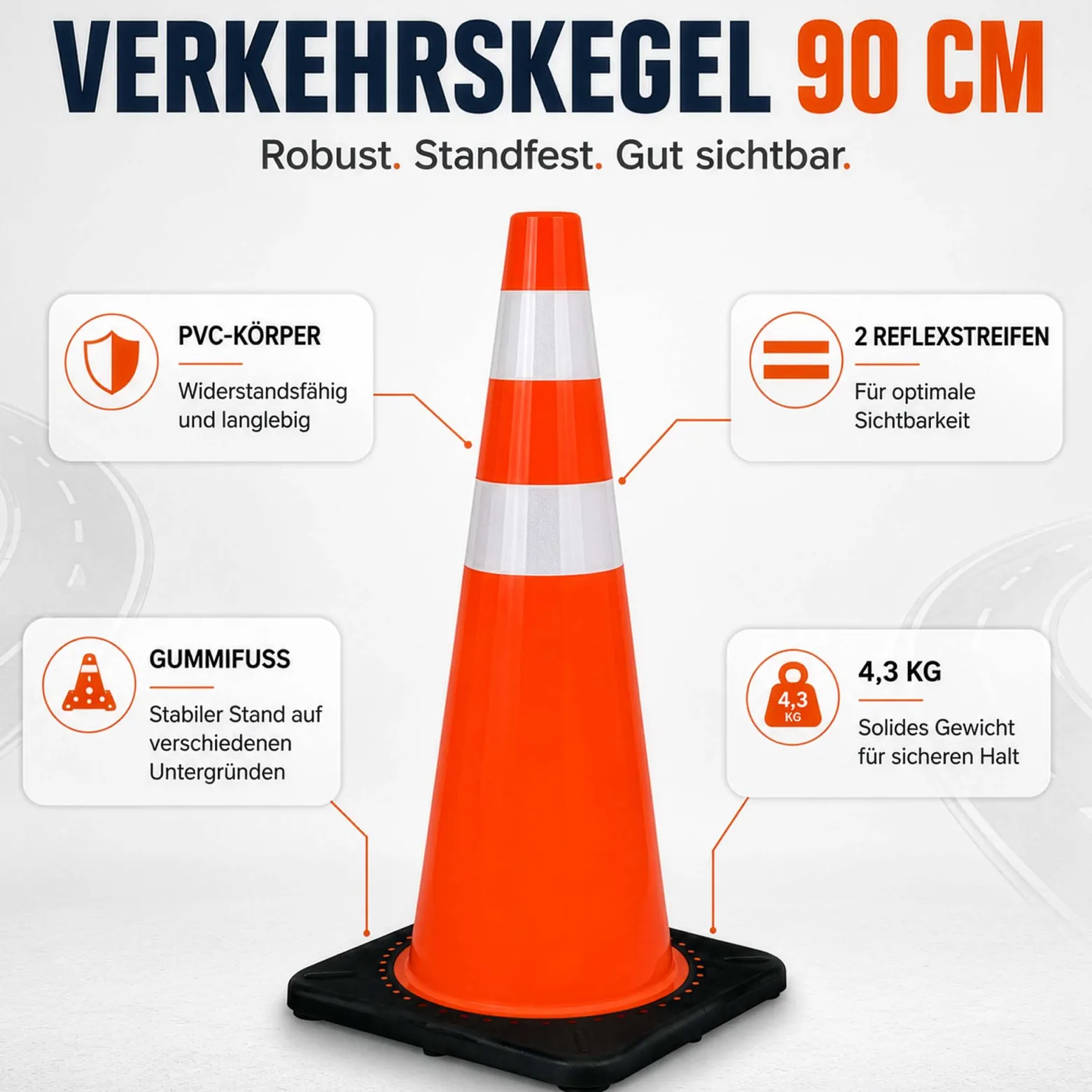 Wiltec Verkehrskegel 90 cm aus PVC mit Gummisockel, orangener Leitkegel zum Absichern, Pylon mit Reflexbändern