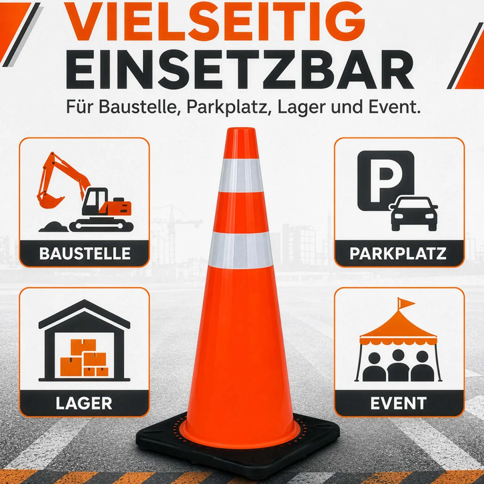 Wiltec Verkehrskegel 90 cm aus PVC mit Gummisockel, orangener Leitkegel zum Absichern, Pylon mit Reflexbändern