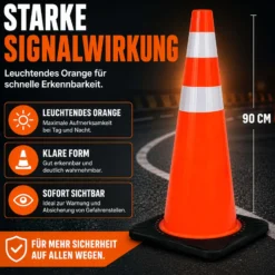 Wiltec Verkehrskegel 90 cm aus PVC mit Gummisockel, orangener Leitkegel zum Absichern, Pylon mit Reflexbändern