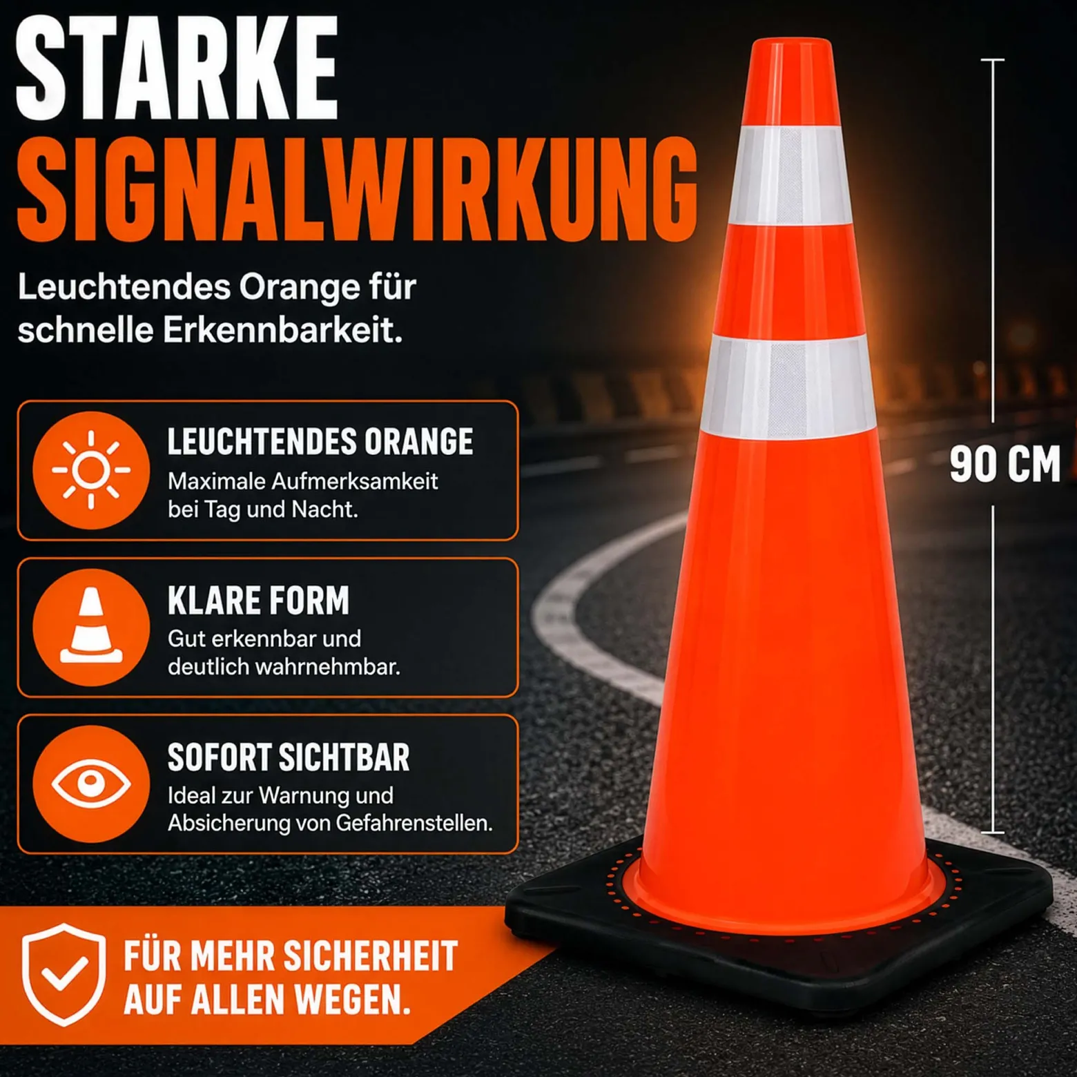 Wiltec Verkehrskegel 90 cm aus PVC mit Gummisockel, orangener Leitkegel zum Absichern, Pylon mit Reflexbändern