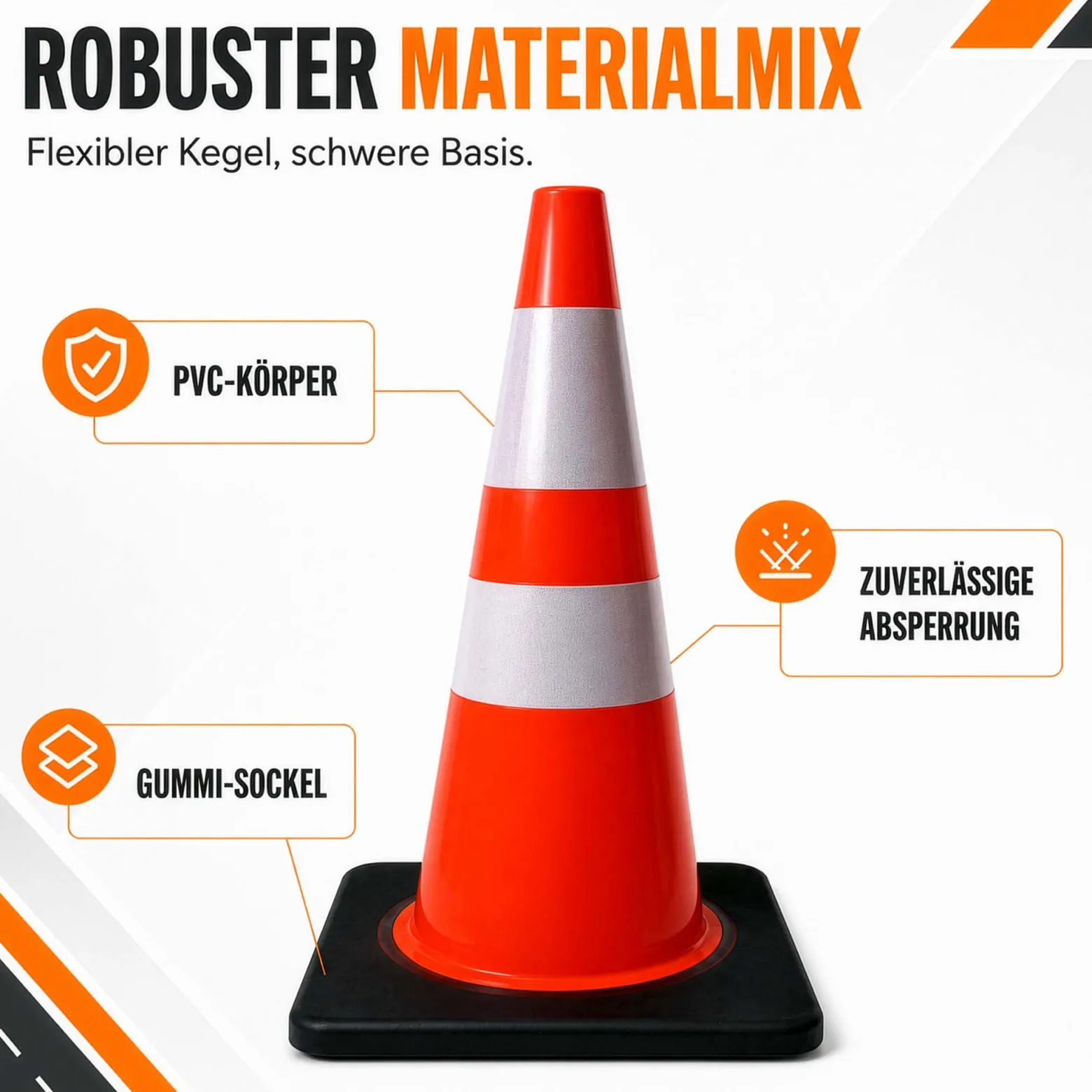 Wiltec Verkehrskegel 70 cm aus PVC mit Gummisockel, orangener Leitkegel zum Absichern, Pylon mit Reflexbändern