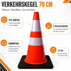 Wiltec Verkehrskegel 70 cm aus PVC mit Gummisockel, orangener Leitkegel zum Absichern, Pylon mit Reflexbändern