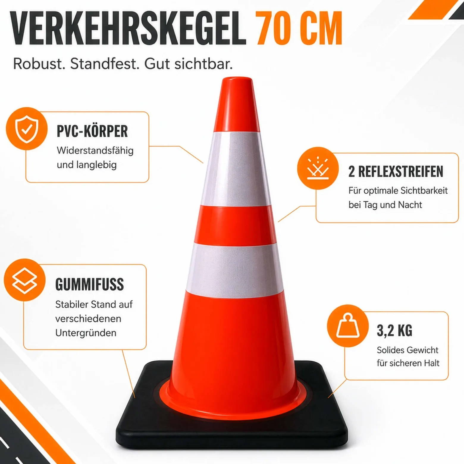 Wiltec Verkehrskegel 70 cm aus PVC mit Gummisockel, orangener Leitkegel zum Absichern, Pylon mit Reflexbändern
