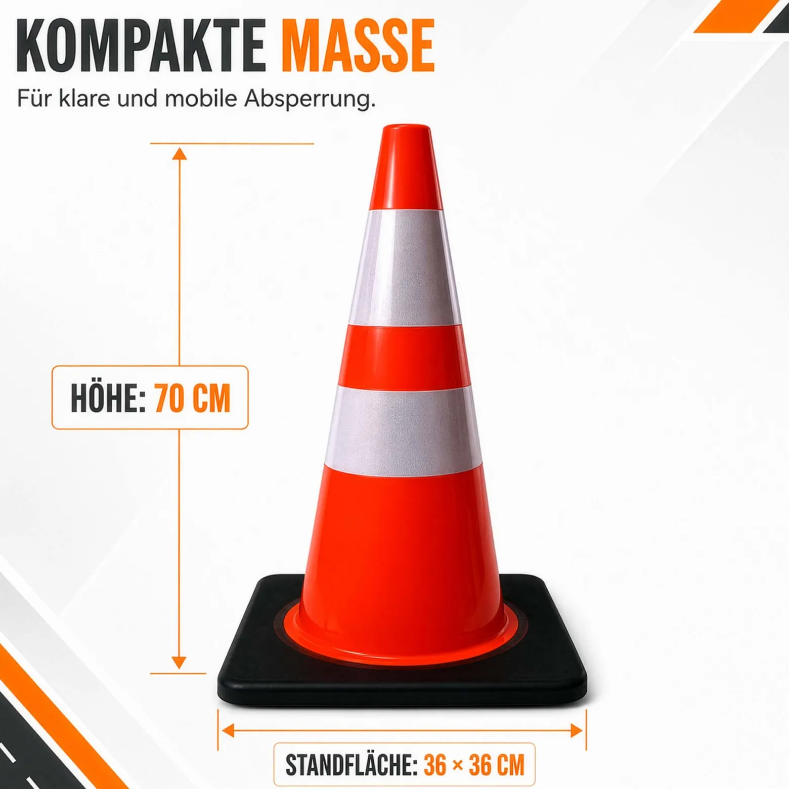 Wiltec Verkehrskegel 70 cm aus PVC mit Gummisockel, orangener Leitkegel zum Absichern, Pylon mit Reflexbändern
