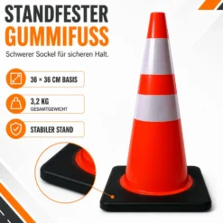 Wiltec Verkehrskegel 70 cm aus PVC mit Gummisockel, orangener Leitkegel zum Absichern, Pylon mit Reflexbändern
