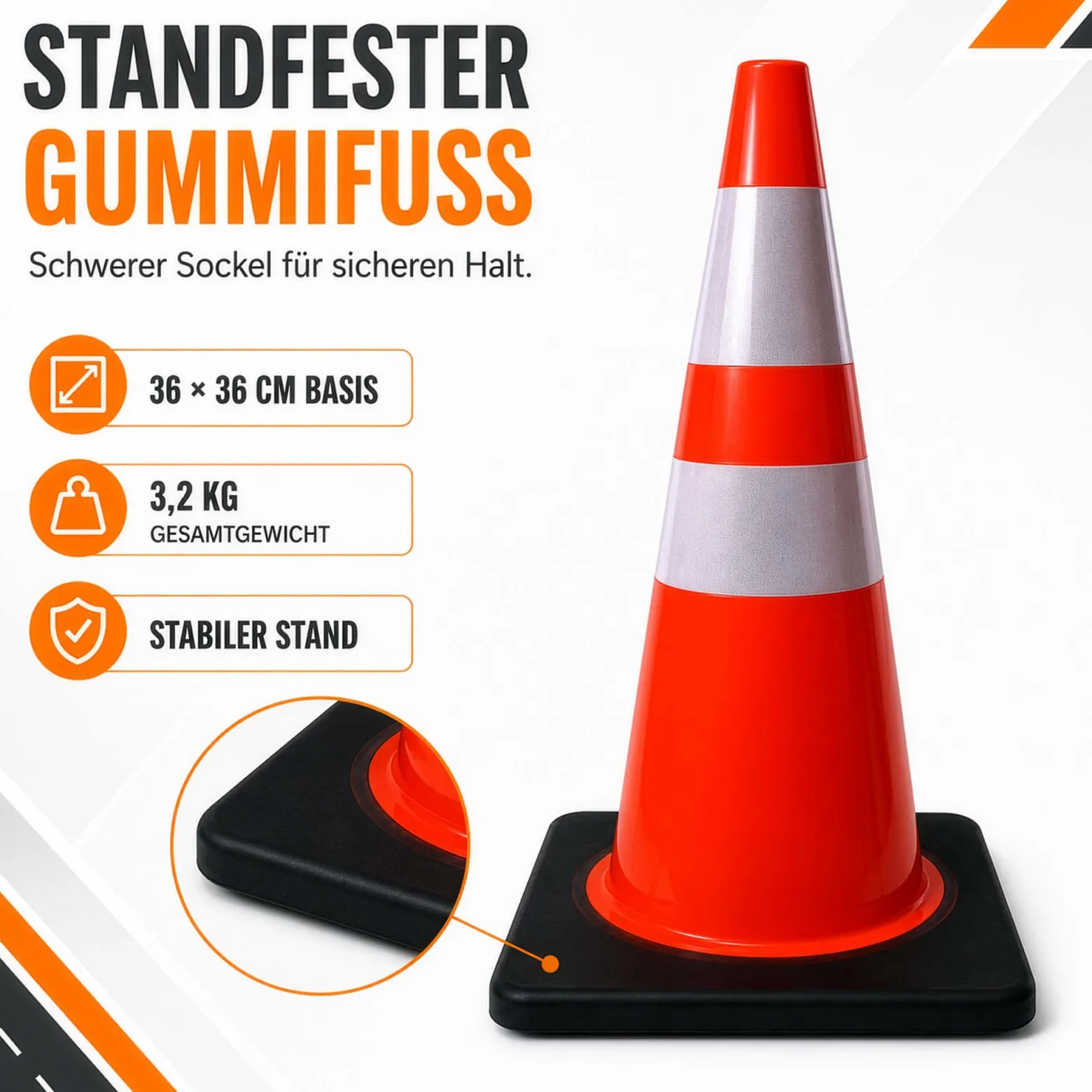 Wiltec Verkehrskegel 70 cm aus PVC mit Gummisockel, orangener Leitkegel zum Absichern, Pylon mit Reflexbändern