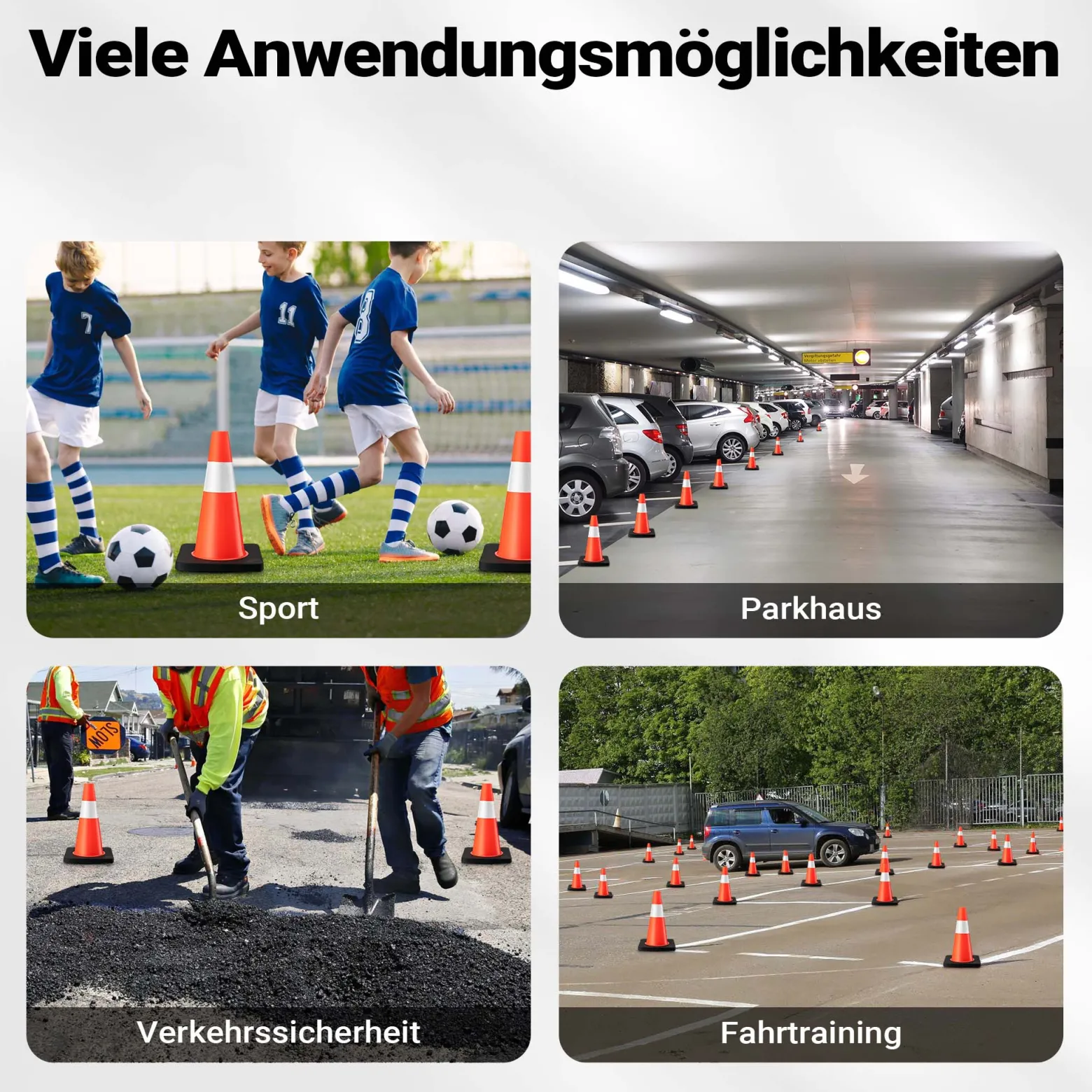 Wiltec Verkehrskegel 45 cm hoch 4 Stück, Leitkegel zum Absichern, Pylon reflektierend, Warnkegel aus robustem PVC und Gummi für Baustellen