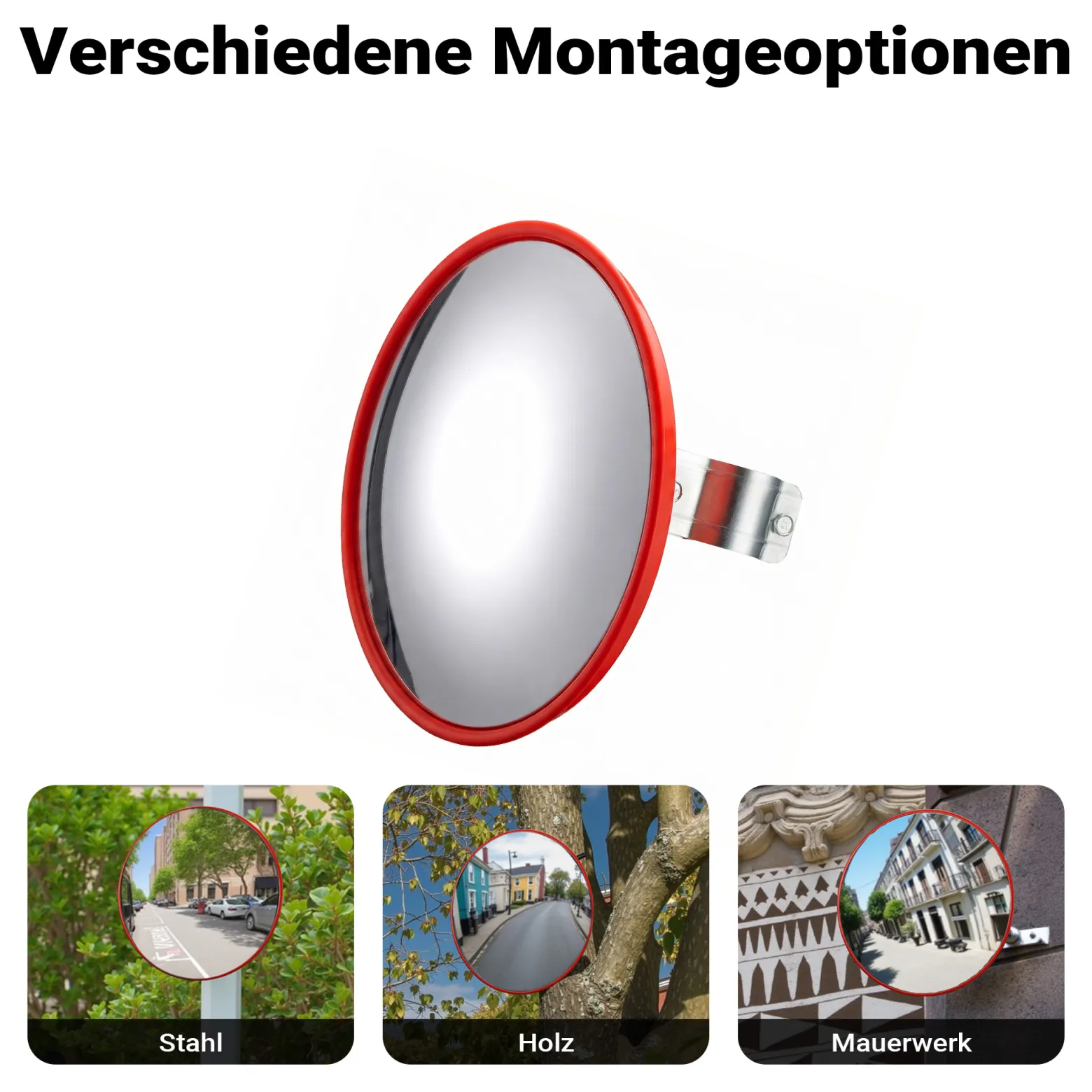 Wiltec Verkehrsspiegel 80 cm konvex, runder Sicherheitsspiegel mit 160-160° Sichtfeld, Konvexspiegel aus Polycarbonat, Überwachungsspiegel für Ausfahrten inkl. Montagematerial