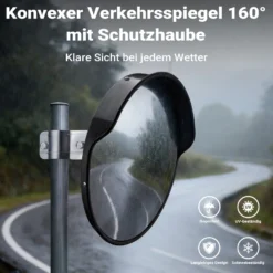 Wiltec Verkehrsspiegel 45 cm konvex mit Schutzhaube Schwarz, runder Sicherheitsspiegel mit 160° Sichtfeld, Konvexspiegel für Ausfahrten inkl. Montagematerial