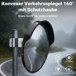 Wiltec Verkehrsspiegel 75 cm konvex mit Schutzhaube Schwarz, runder Sicherheitsspiegel mit 160° Sichtfeld, Konvexspiegel für Ausfahrten inkl. Montagematerial