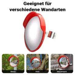 Wiltec Verkehrsspiegel 30 cm konvex mit Schutzhaube Orange, runder Sicherheitsspiegel mit 160° Sichtfeld, Konvexspiegel für Ausfahrten inkl. Montagematerial