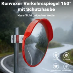 Wiltec Verkehrsspiegel 30 cm konvex mit Schutzhaube Orange, runder Sicherheitsspiegel mit 160° Sichtfeld, Konvexspiegel für Ausfahrten inkl. Montagematerial