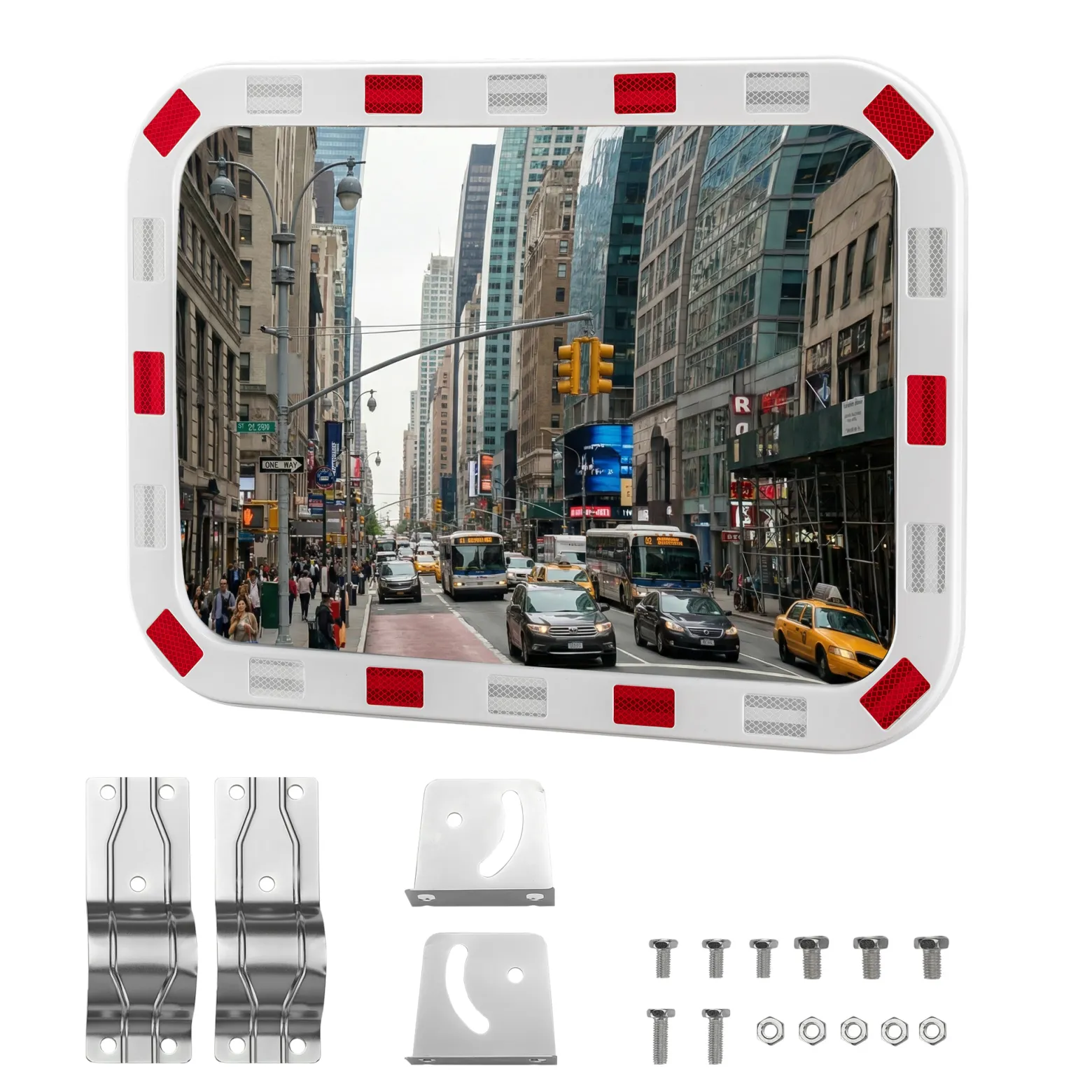Wiltec Verkehrsspiegel 50 x 70 cm konvex, eckiger Sicherheitsspiegel mit rot-weißen Reflektorstreifen, bruchsicherer Konvexspiegel aus Kunststoff, Überwachungsspiegel für Ausfahrten