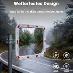 Wiltec Verkehrsspiegel 50 x 70 cm konvex, eckiger Sicherheitsspiegel mit rot-weißen Reflektorstreifen, bruchsicherer Konvexspiegel aus Kunststoff, Überwachungsspiegel für Ausfahrten