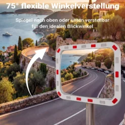 Wiltec Verkehrsspiegel 50 x 70 cm konvex, eckiger Sicherheitsspiegel mit rot-weißen Reflektorstreifen, bruchsicherer Konvexspiegel aus Kunststoff, Überwachungsspiegel für Ausfahrten