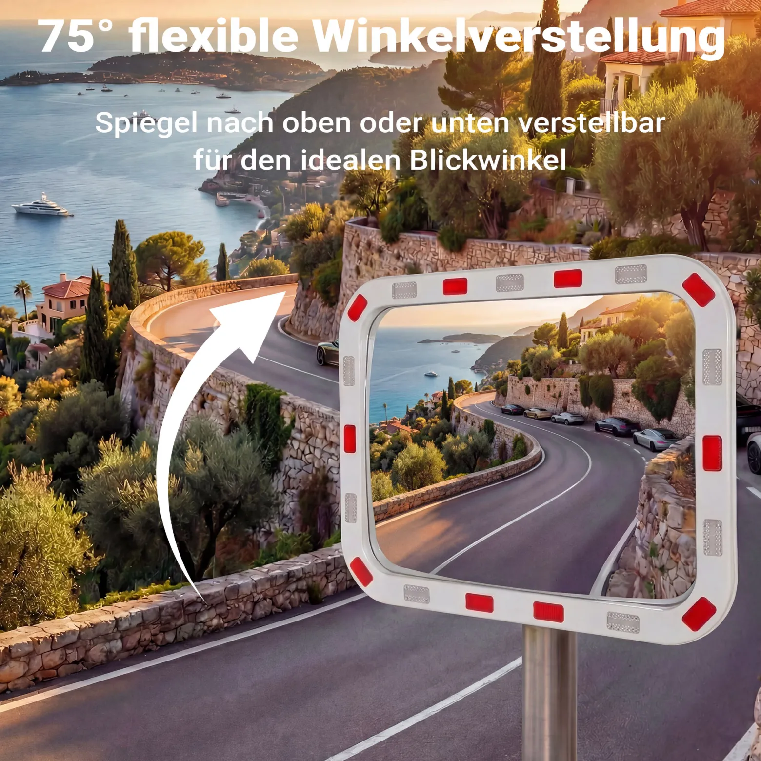 Wiltec Verkehrsspiegel 50 x 70 cm konvex, eckiger Sicherheitsspiegel mit rot-weißen Reflektorstreifen, bruchsicherer Konvexspiegel aus Kunststoff, Überwachungsspiegel für Ausfahrten