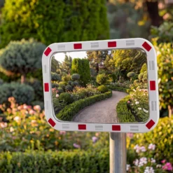 Wiltec Verkehrsspiegel 50 x 70 cm konvex, eckiger Sicherheitsspiegel mit rot-weißen Reflektorstreifen, bruchsicherer Konvexspiegel aus Kunststoff, Überwachungsspiegel für Ausfahrten