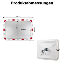 Wiltec Verkehrsspiegel 50 x 70 cm konvex, eckiger Sicherheitsspiegel mit rot-weißen Reflektorstreifen, bruchsicherer Konvexspiegel aus Kunststoff, Überwachungsspiegel für Ausfahrten