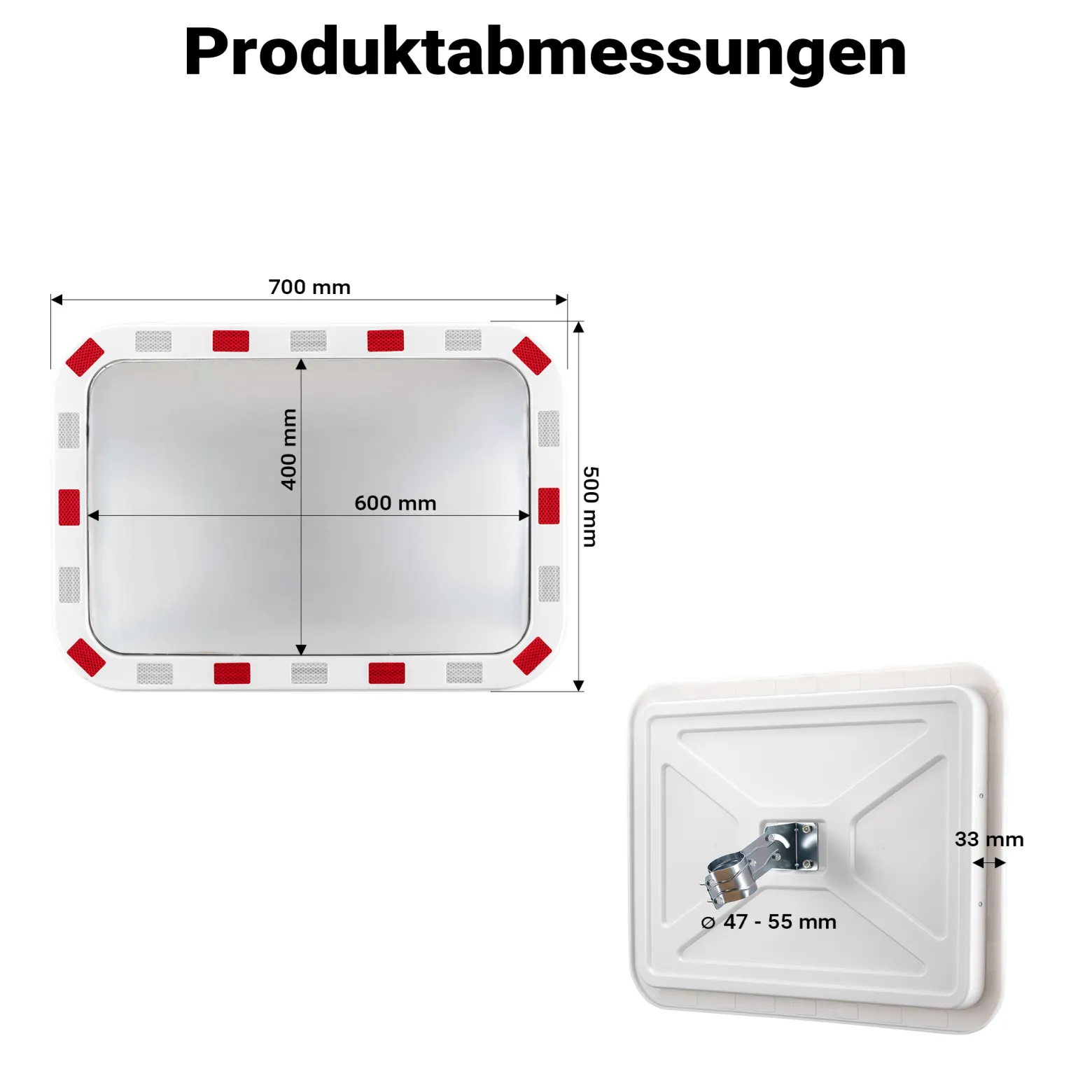 Wiltec Verkehrsspiegel 50 x 70 cm konvex, eckiger Sicherheitsspiegel mit rot-weißen Reflektorstreifen, bruchsicherer Konvexspiegel aus Kunststoff, Überwachungsspiegel für Ausfahrten