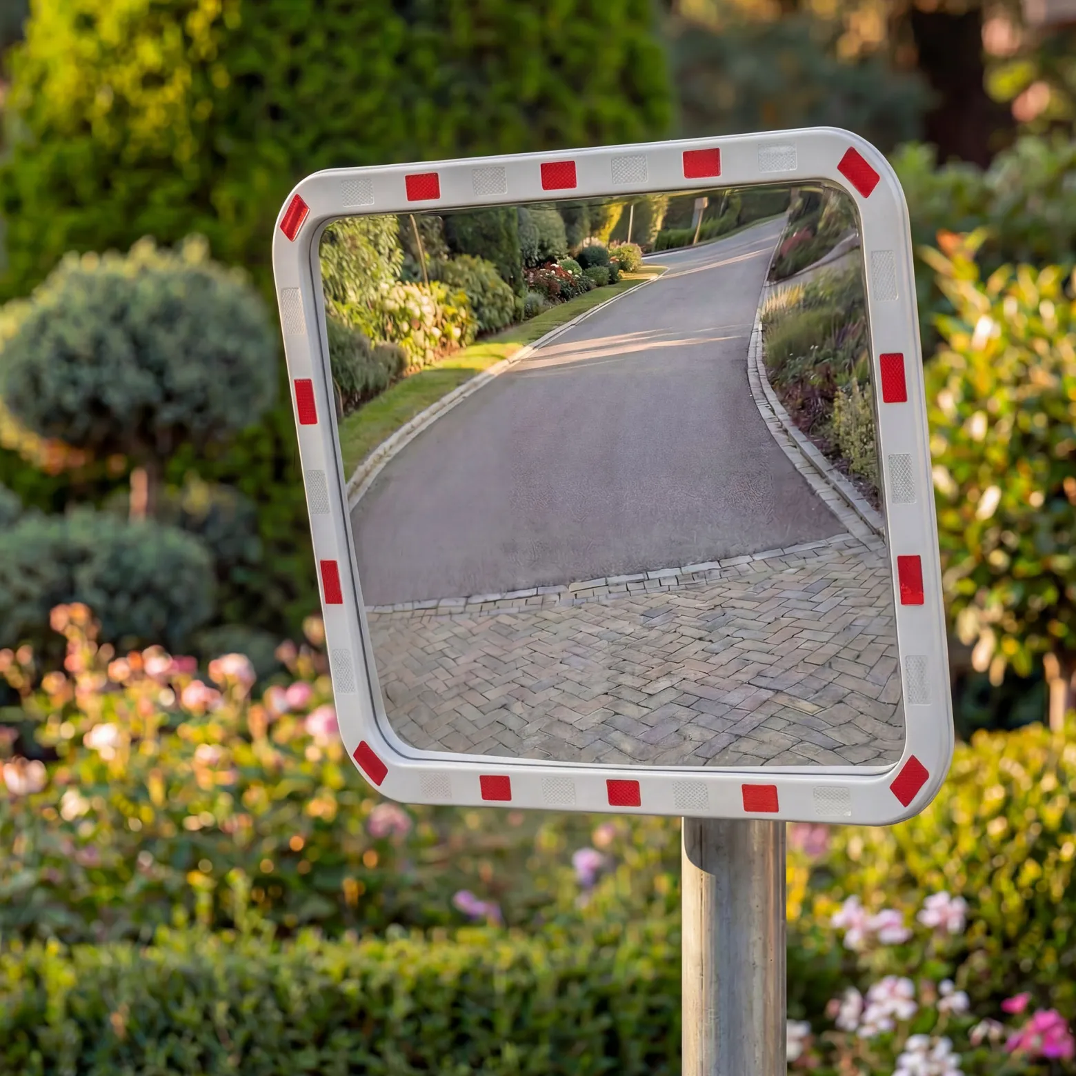 Wiltec Verkehrsspiegel 70 x 90 cm konvex, eckiger Sicherheitsspiegel mit rot-weißen Reflektorstreifen, bruchsicherer Konvexspiegel aus Kunststoff, Überwachungsspiegel für Ausfahrten