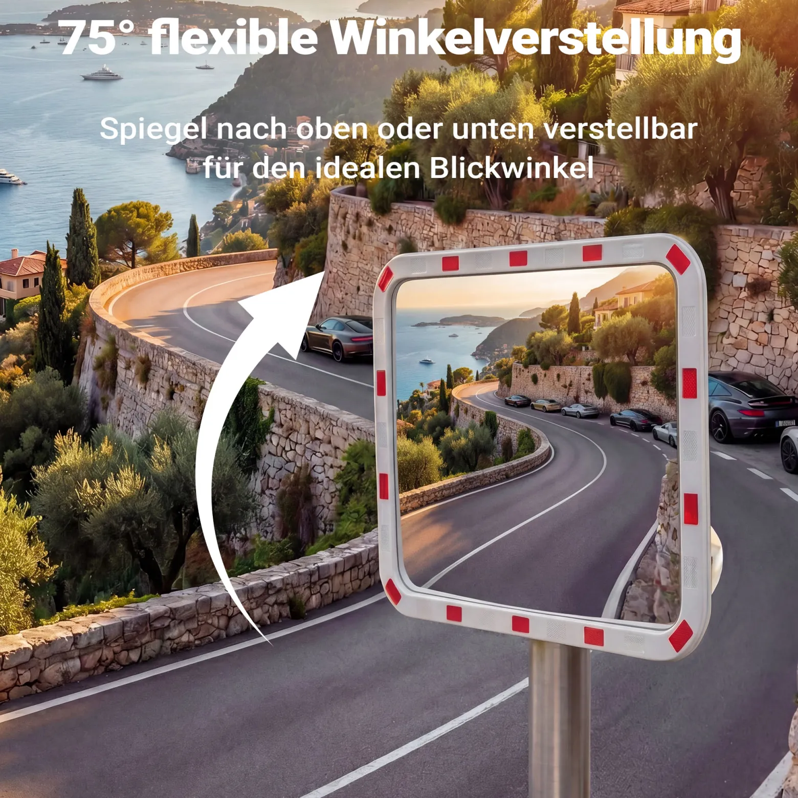 Wiltec Verkehrsspiegel 70 x 90 cm konvex, eckiger Sicherheitsspiegel mit rot-weißen Reflektorstreifen, bruchsicherer Konvexspiegel aus Kunststoff, Überwachungsspiegel für Ausfahrten