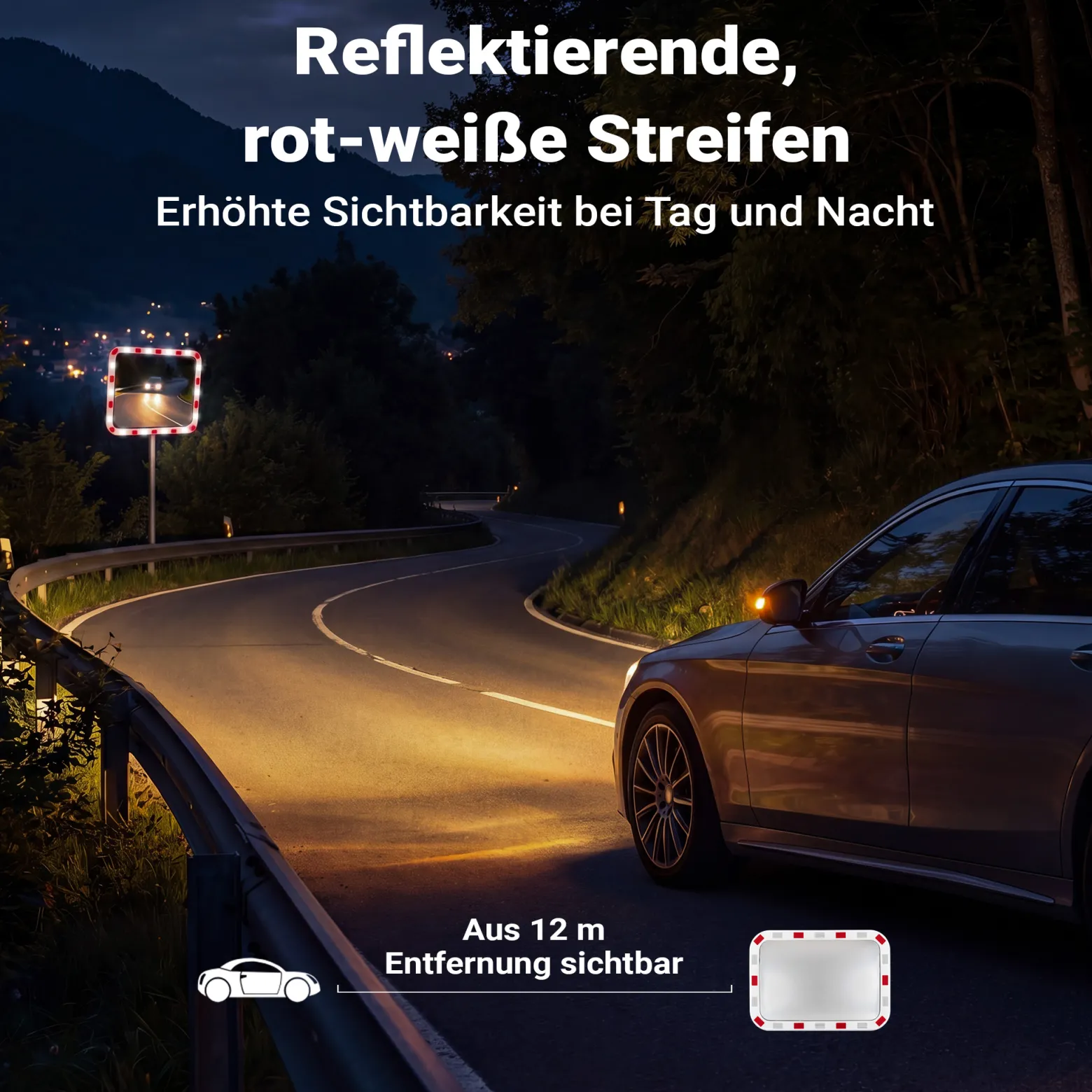 Wiltec Verkehrsspiegel 70 x 90 cm konvex, eckiger Sicherheitsspiegel mit rot-weißen Reflektorstreifen, bruchsicherer Konvexspiegel aus Kunststoff, Überwachungsspiegel für Ausfahrten