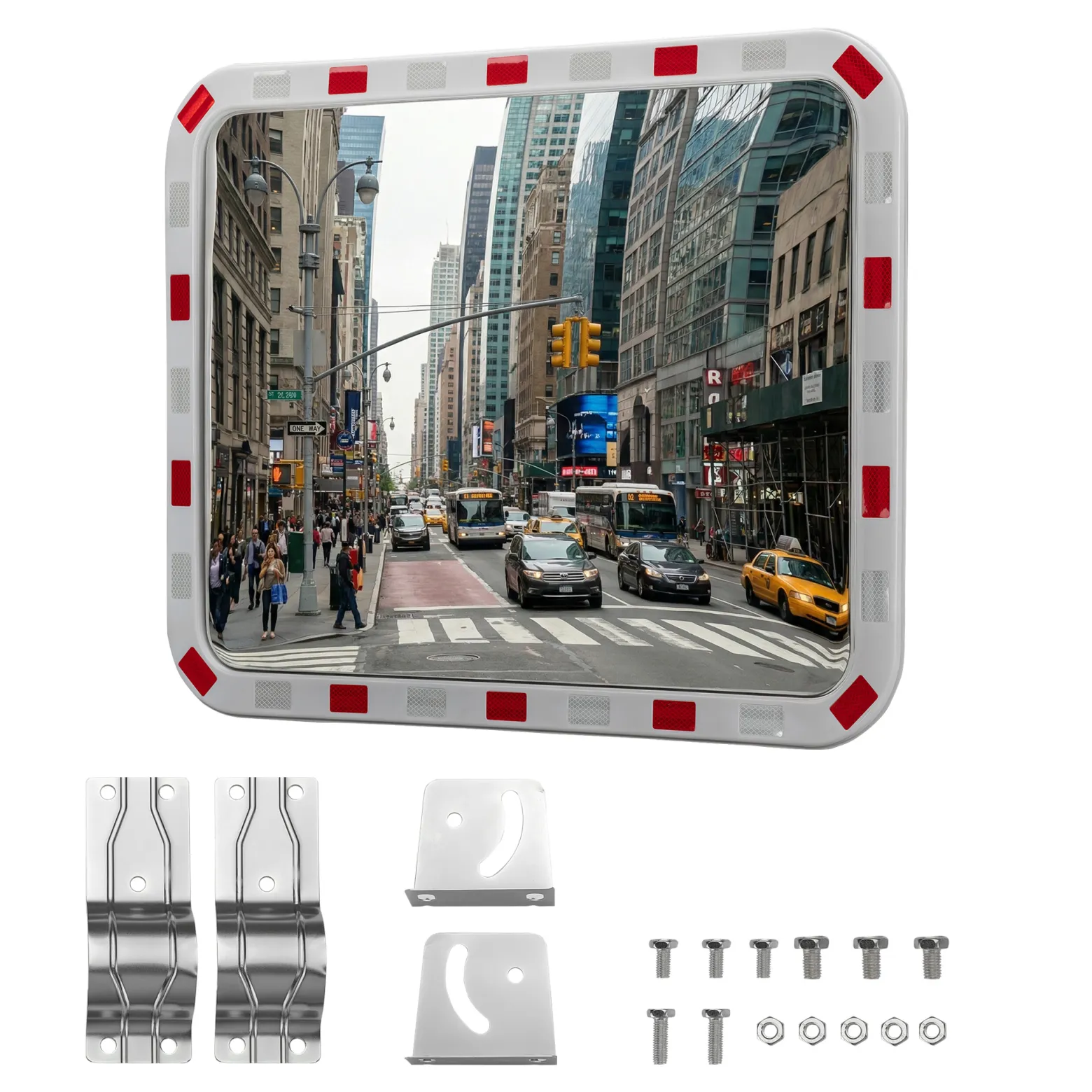 Wiltec Verkehrsspiegel 70 x 90 cm konvex, eckiger Sicherheitsspiegel mit rot-weißen Reflektorstreifen, bruchsicherer Konvexspiegel aus Kunststoff, Überwachungsspiegel für Ausfahrten