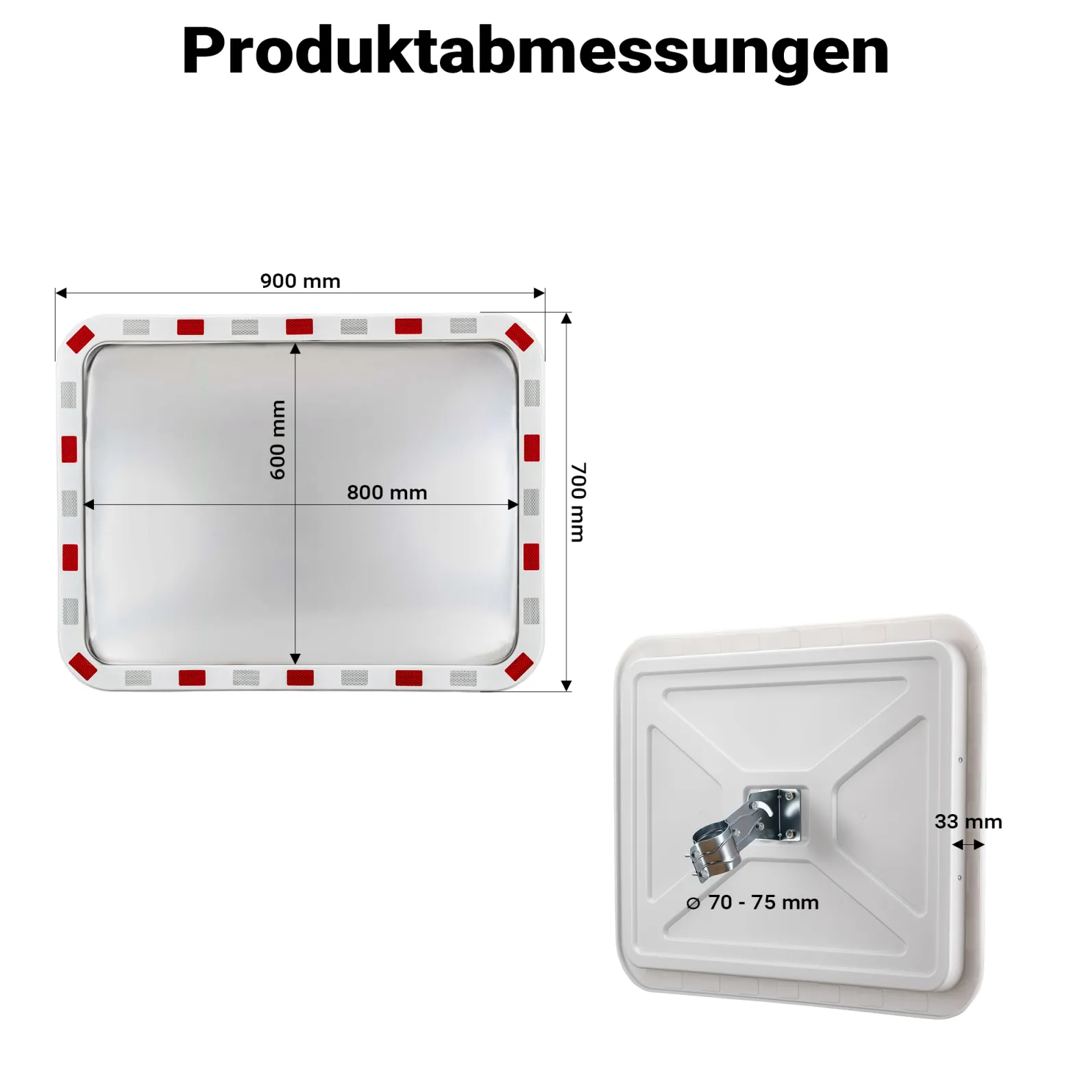 Wiltec Verkehrsspiegel 70 x 90 cm konvex, eckiger Sicherheitsspiegel mit rot-weißen Reflektorstreifen, bruchsicherer Konvexspiegel aus Kunststoff, Überwachungsspiegel für Ausfahrten