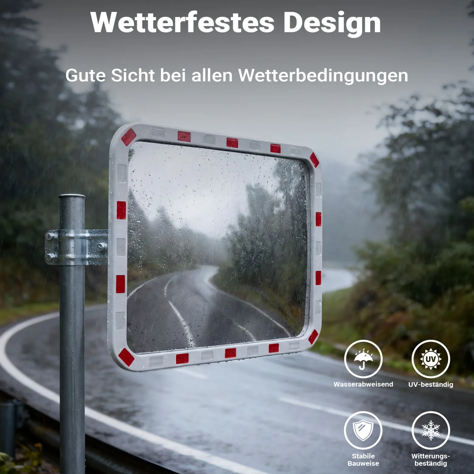 Wiltec Verkehrsspiegel 70 x 90 cm konvex, eckiger Sicherheitsspiegel mit rot-weißen Reflektorstreifen, bruchsicherer Konvexspiegel aus Kunststoff, Überwachungsspiegel für Ausfahrten